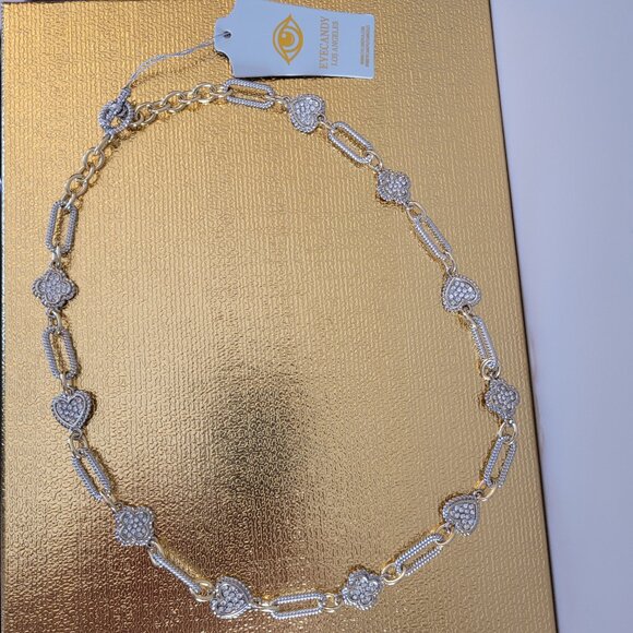 Silver and Gold Tone Necklace with Rhinestones. Glass Crystals. Toggle Clasp. - Picture 4 of 12